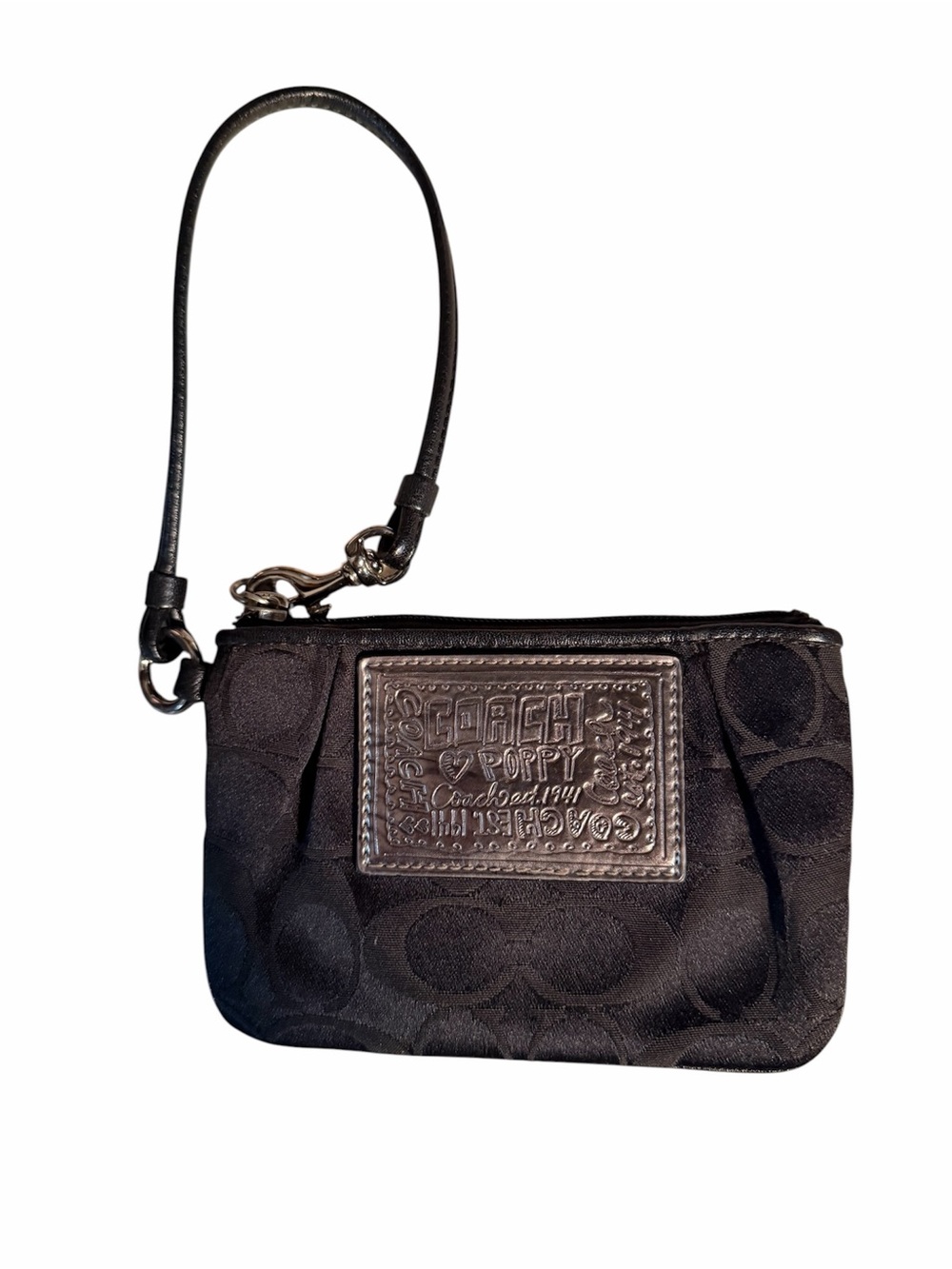 Coach Poppy Black Signature Wristlet with Leather Strap and Silver Logo Patch